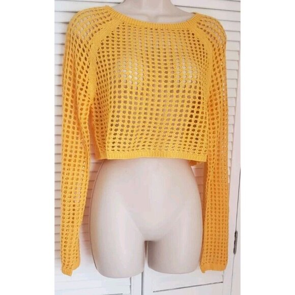 NEW LOVE TREE PASTEL ORANGE OPEN KNIT LONG SLEEVE CROP TOP SZ MEDIUM - Picture 2 of 5